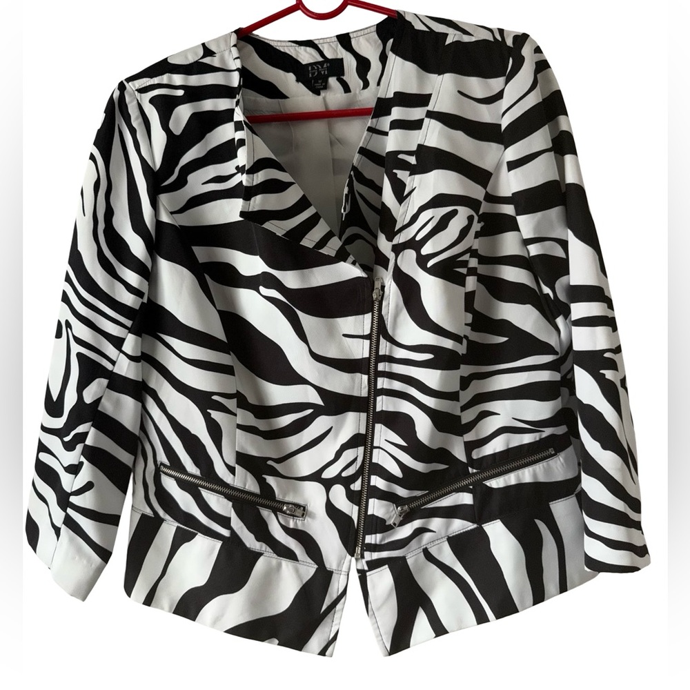 DONNA MOORE Y2K Zebra Print Lightweight Zip Front Peplum Blazer Medium $49